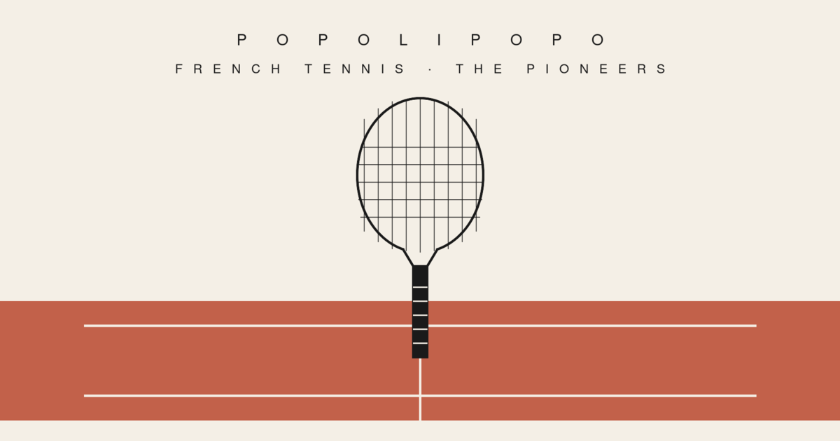Stylised vintage tennis racket planted in a clay-court baseline, evoking the historical era of French tennis players reported as residents abroad.