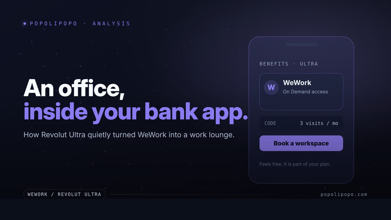 A phone benefits screen showing a WeWork On Demand access card with a book-a-workspace button, beside a quiet lounge dot field