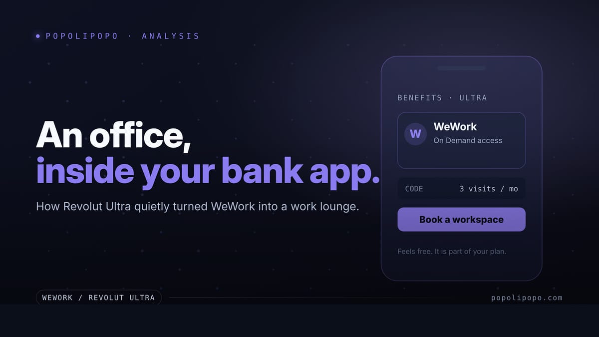 A phone benefits screen showing a WeWork On Demand access card with a book-a-workspace button, beside a quiet lounge dot field