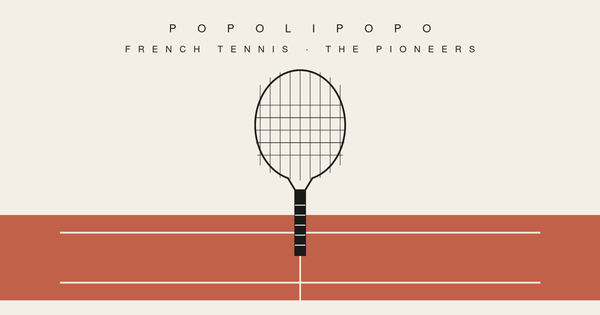 Stylised vintage tennis racket planted in a clay-court baseline, evoking the historical era of French tennis players reported as residents abroad.