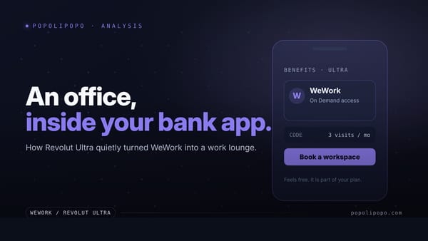 A phone benefits screen showing a WeWork On Demand access card with a book-a-workspace button, beside a quiet lounge dot field