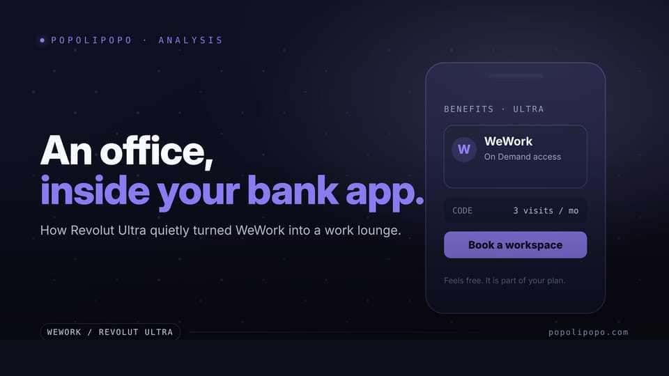 A phone benefits screen showing a WeWork On Demand access card with a book-a-workspace button, beside a quiet lounge dot field